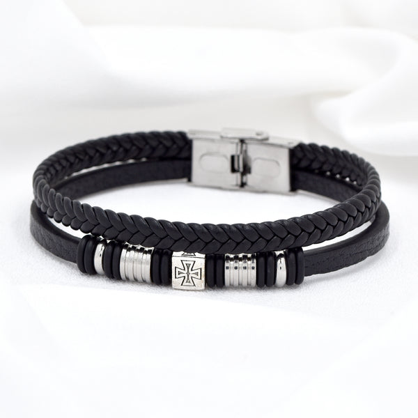 Stainless Steel Double Layer PU Leather Bracelet With Centre Cross Charm