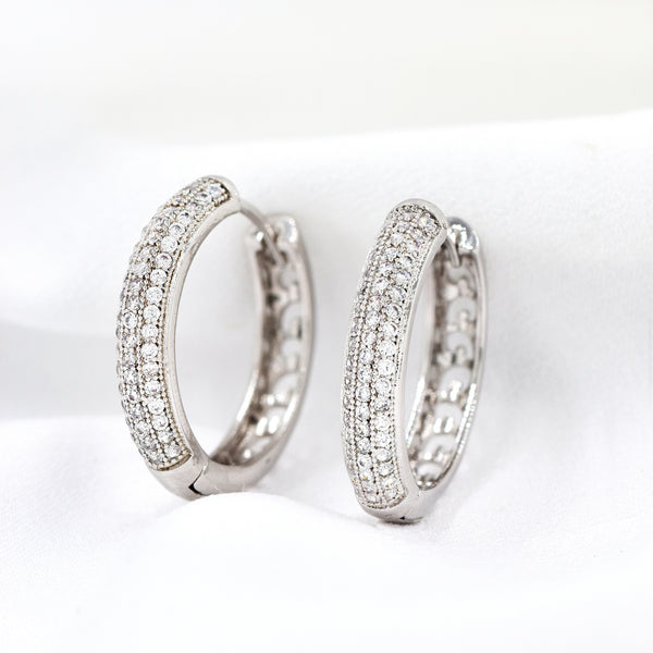 Silver Plated Cubic Zirconia Triple Row Hoop Earrings