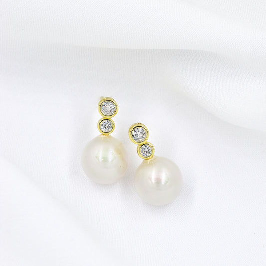 10mm Round Faux Pearl & Cubic Zirconia Stone Drop Stud