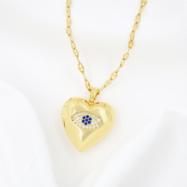 Gold Plated Cubic Zirconia Pavé Evil Eye Heart Locket Necklace