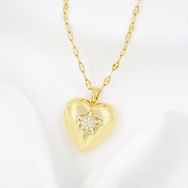 Gold Plated Cubic Zirconia Pavé Star Heart Locket Necklace