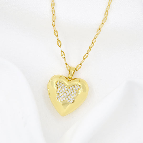 Gold Plated Cubic Zirconia Pavé Butterfly Heart Locket Necklace