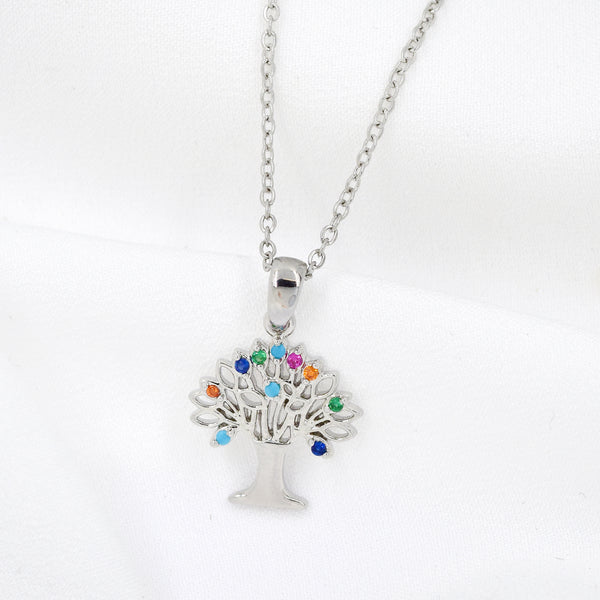 Silver Plated Multi Colour Cubic Zirconia Tree of Life Necklace