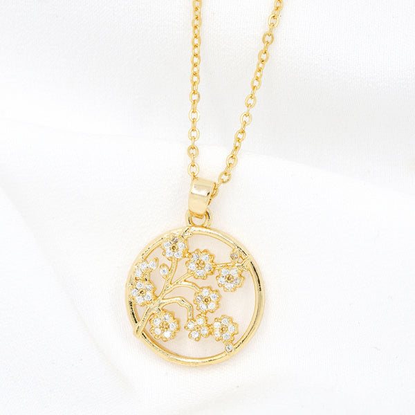 Gold Plated Round Cutout Disk With Cubic Zirconia Flowers Centre Necklace