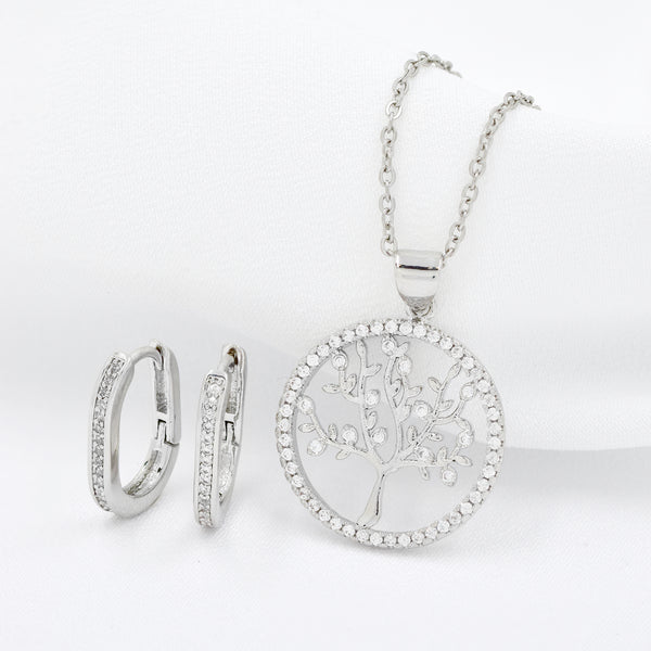 Silver Plated Cubic Zirconia Tree of Life Necklace with Oval Hoop Earring Set