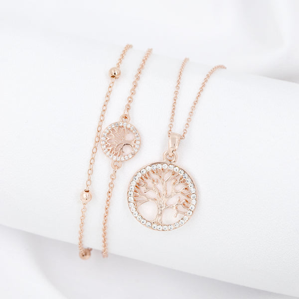 Rose Gold Cubic Zirconia Tree of Life Necklace & Bracelet Set