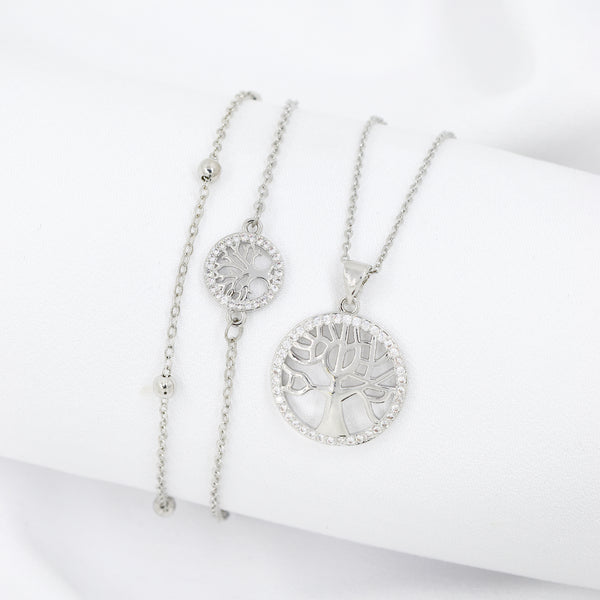 Silver Plated Cubic Zirconia Tree of Life Necklace & Bracelet Set