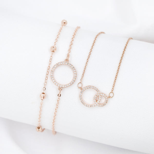 Rose Gold Plated Cubic Zirconia Open Circle Necklace & Bracelet Set