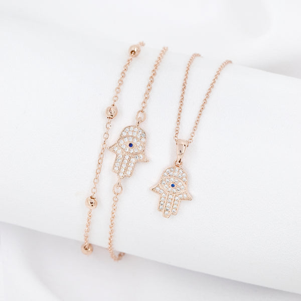 Gold Plated Cubic Zirconia Hamsa Hand Necklace & Bracelet Set