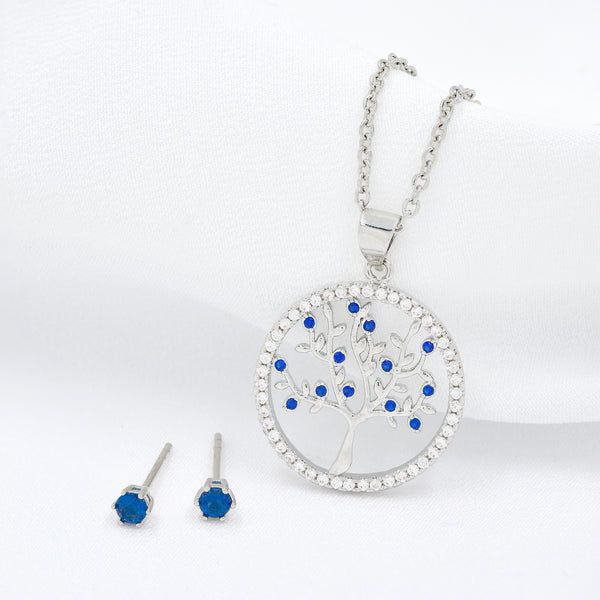 Silver Plated Clear & Blue Cubic Zirconia Tree of Life Necklace with Claw Stud Set