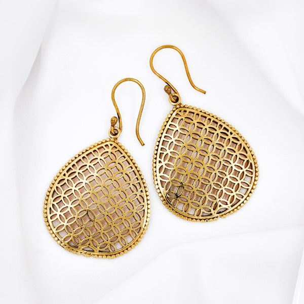 Brass Teardrop Shape Cutout Pattern Centre Drop Earring