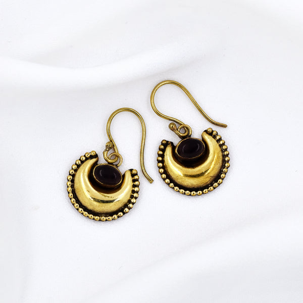 Brass Gemstone Centre with Patterned Edge Crescent Drop Earring