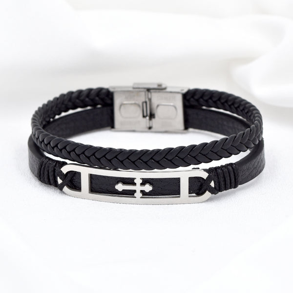 Stainless Steel Double Layer PU Leather Bracelet With Centre Cross Plate