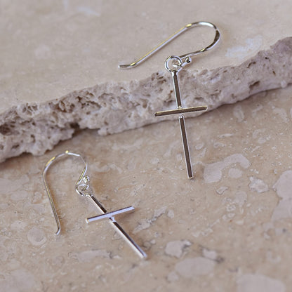 925 Sterling Silver Cross Drop Earrings-