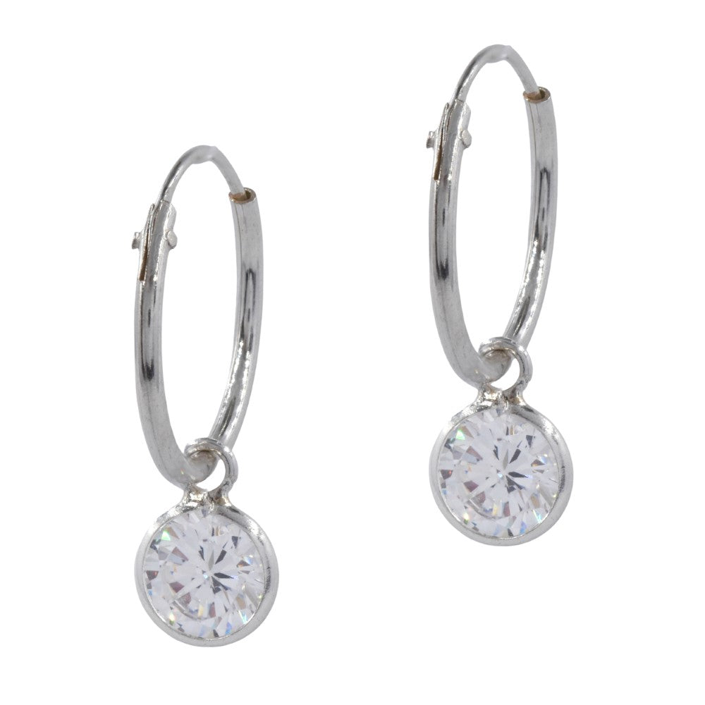 925 Sterling Silver 14mm Hoop Earring with Zircon Drop