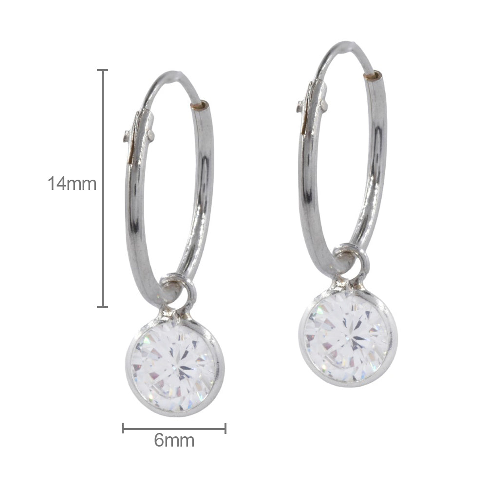 925 Sterling Silver 14mm Hoop Earring with Zircon Drop