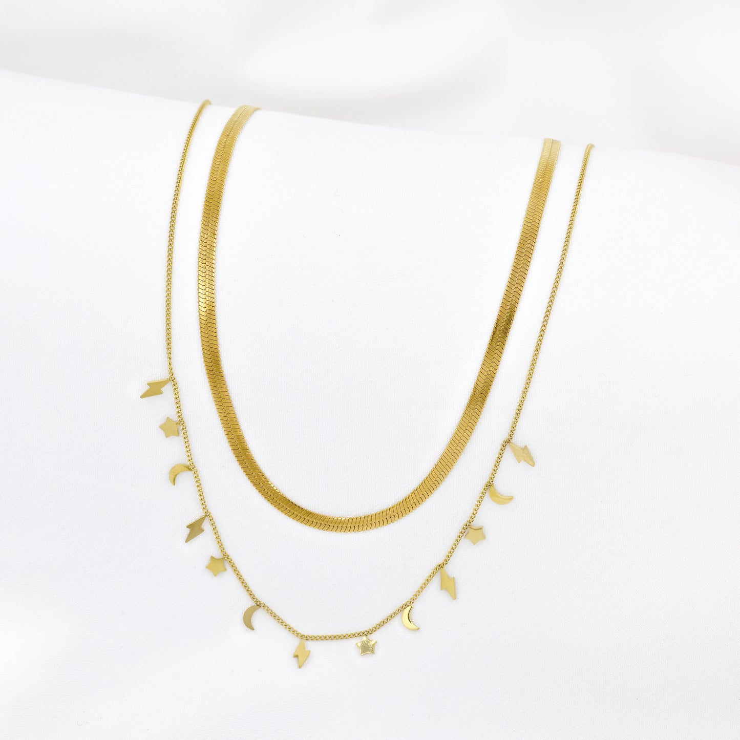 Stainless Steel Gold Charm Necklace & Herringbone Chain Set