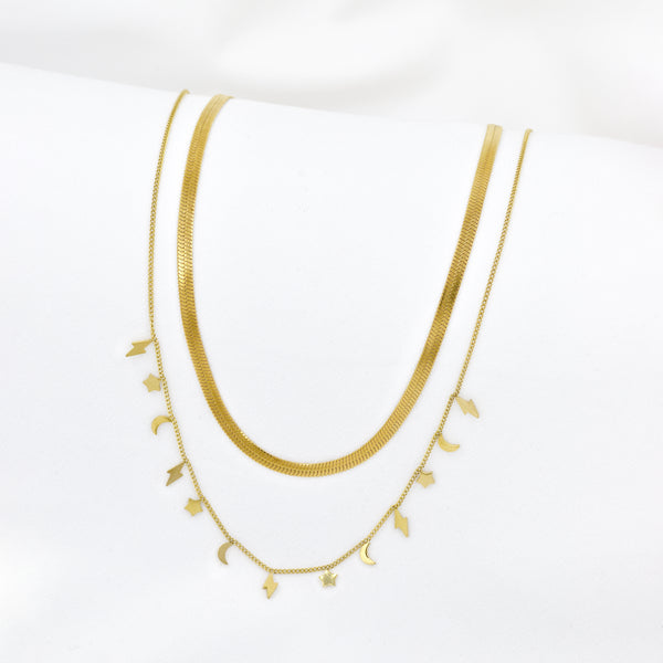 Stainless Steel Gold Charm Necklace & Herringbone Chain Set