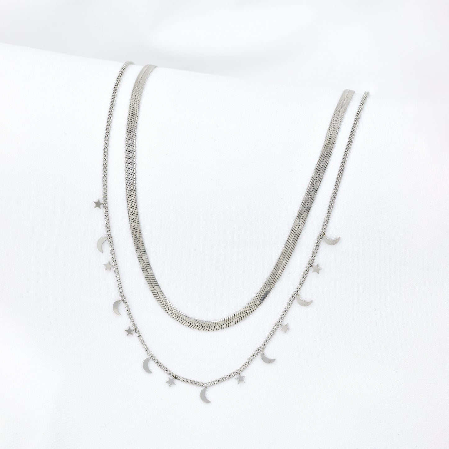 Stainless Steel Celestial Charm Necklace & Herringbone Chain Set