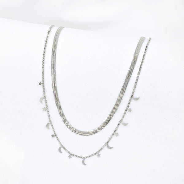 Stainless Steel Celestial Charm Necklace & Herringbone Chain Set