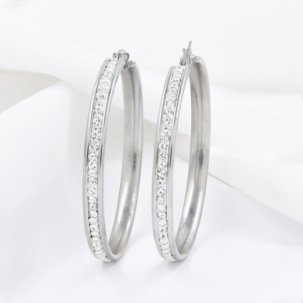 Stainless Steel Hoop Earrings with White Crystal Accents