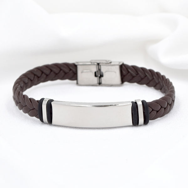 Stainless Steel Brown Plaited Bangle with Engraving Plate