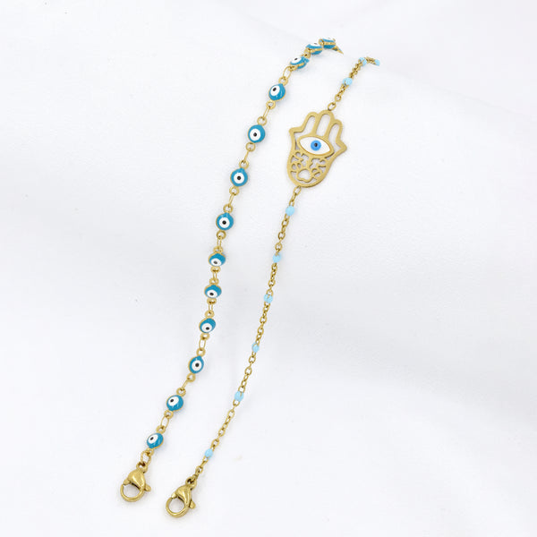 Stainless Steel Gold Plated Turquoise Beaded & Hamsa Hand Bracelet Set