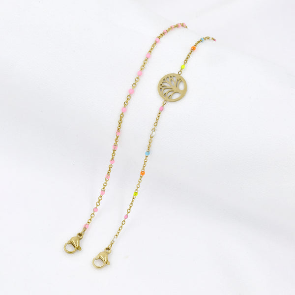 Stainless Steel Gold Plated Colour Bead Tree of Life Beaded Disc Bracelet Set