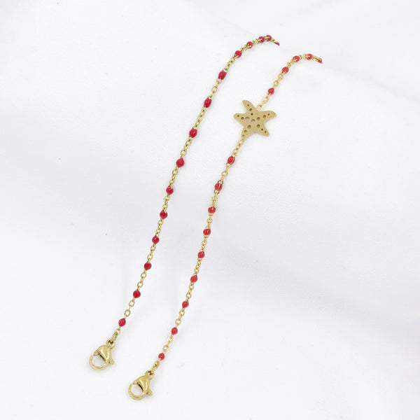 Stainless Steel Red Bead With Star Fish Charm Bracelet Set