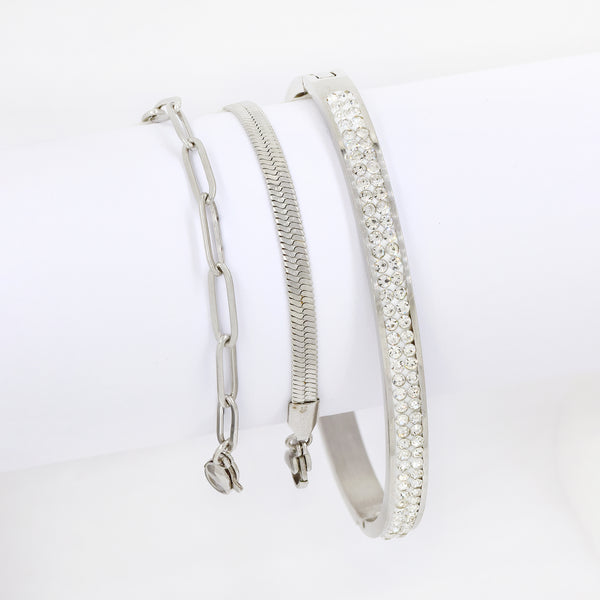 Stainless Steel Paperclip, Herringbone & Crystal Bangle Set