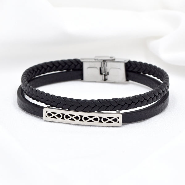 Stainless Steel Double Layer PU Leather Bracelet With Infinity Plate