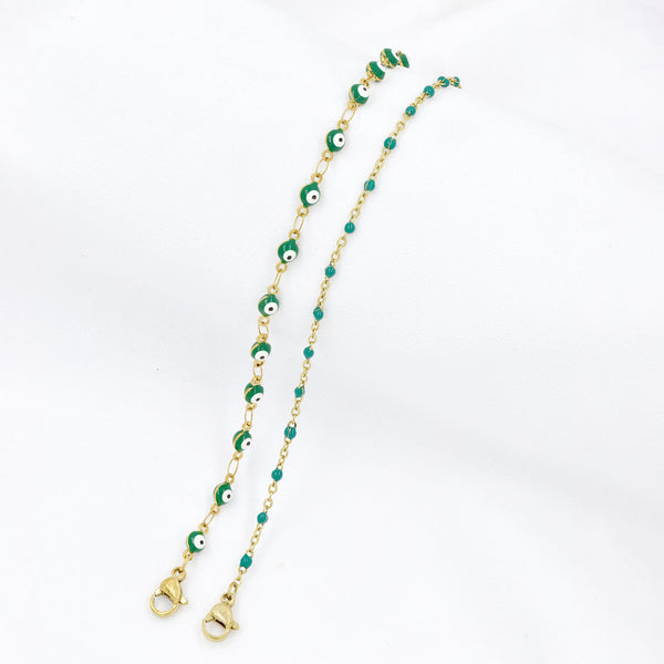 Stainless Steel Gold Plated Green Evil Eye & Beaded Bracelet Set