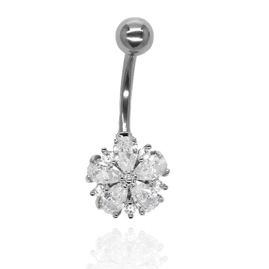 Stainless Steel Cubic Zirconia Round Flower Belly Ring