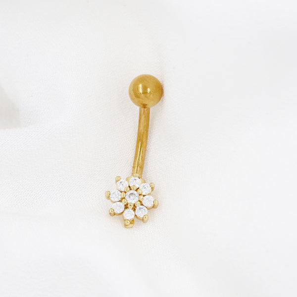 Stainless Steel Gold Plated Cubic Zirconia Flower Belly Ring