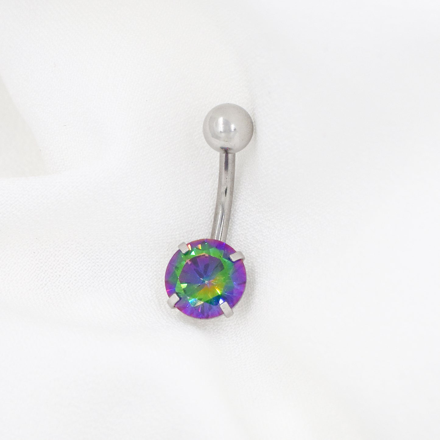 Stainless Steel Round Fantasy Cubic Zirconia Stone & Ball Belly Ring