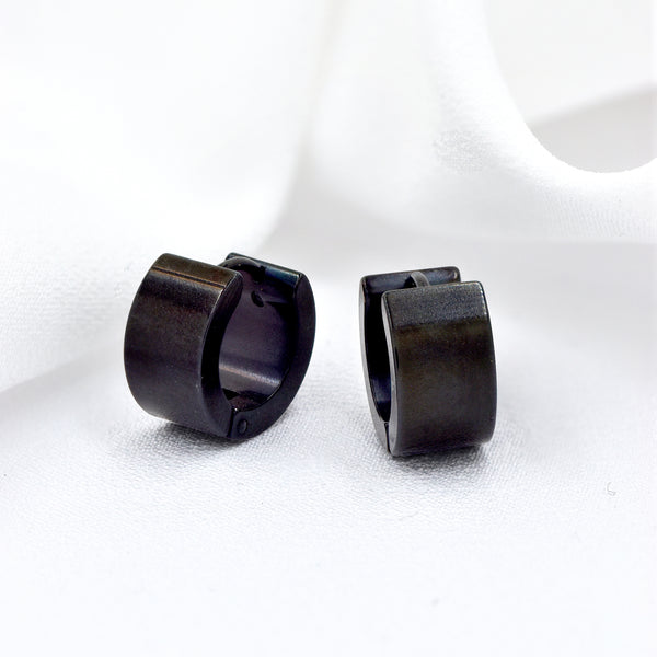 Stainless Steel Broad Black Huggie Earrings