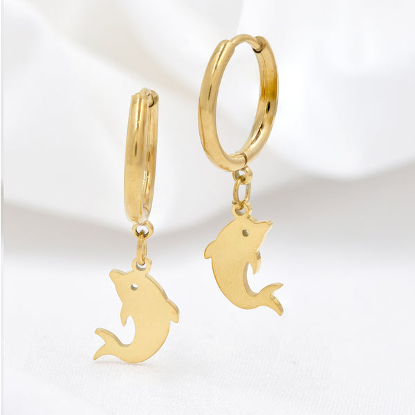 Stainless Steel Dolphin Charm Sleeper Drop Earrings