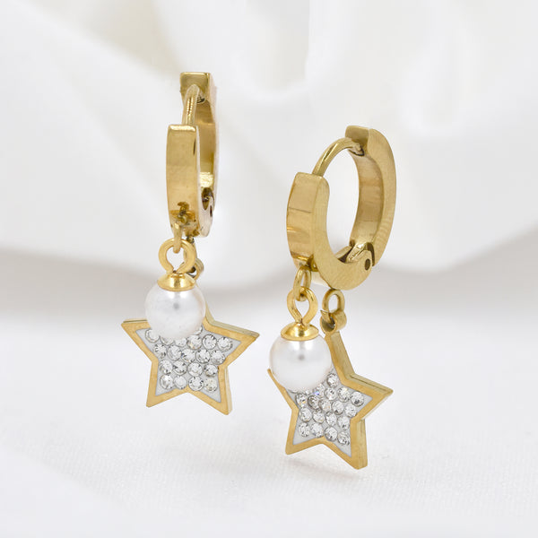 Stainless Steel Cubic Zirconia Star and Pearl Charm Drop Earrings