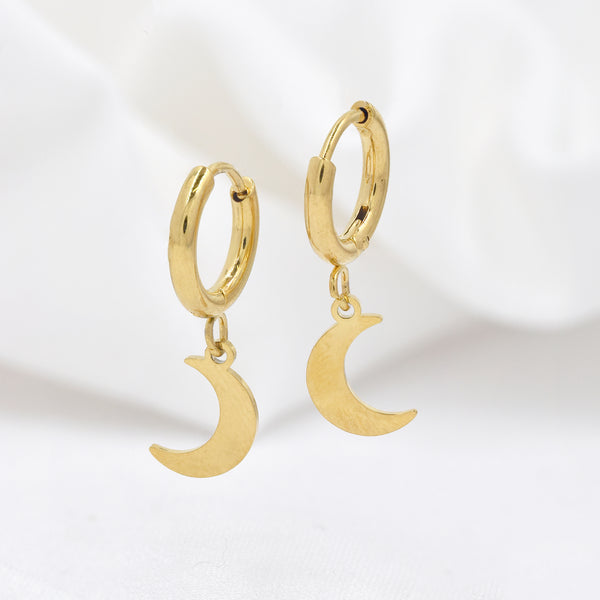 Stainless Steel Gold Moon Charm Sleeper Drop Earrings