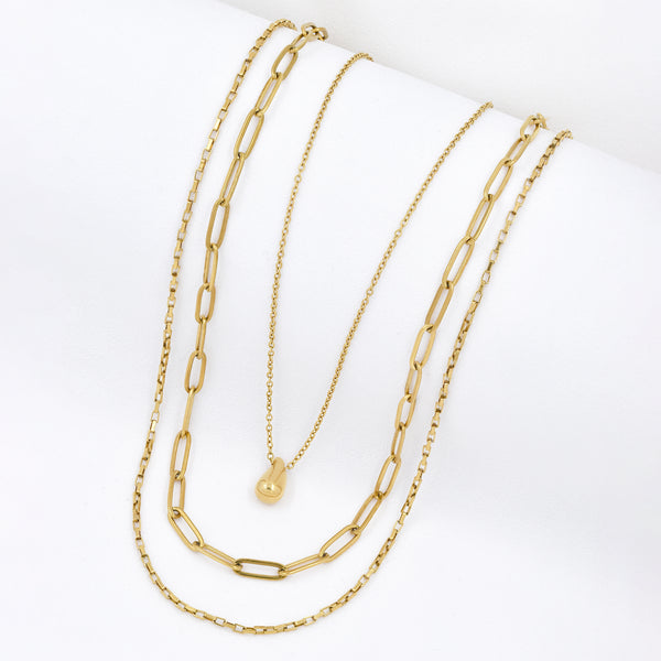 Stainless Steel Teardrop & Chain Layered Necklace Set