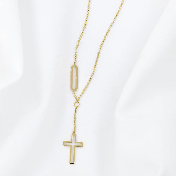 Stainless Steel Cutout Cross & Oval Link Necklace