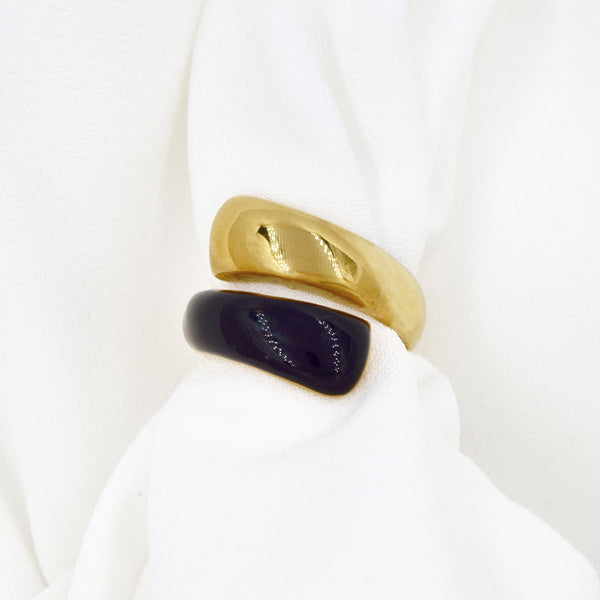 Stainless Steel Gold Plated & Black Enamel Crossover Ring