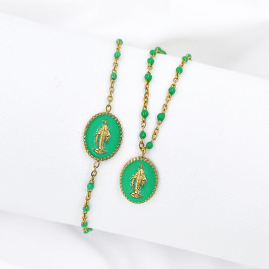 Stainless Steel Enamel & Bead Virgin Mary Necklace & Bracelet Set