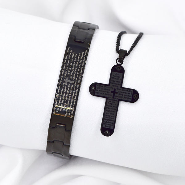 Stainless Steel Engraved Lord's Prayer Cross Necklace & Bracelet Set