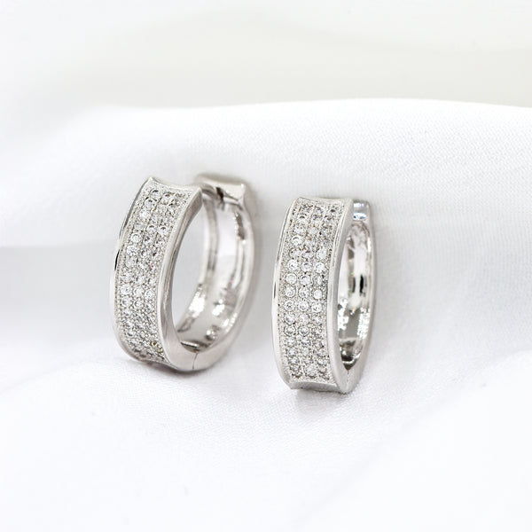 Silver Plated Broad Cubic Zirconia Triple Row Hoop Earrings