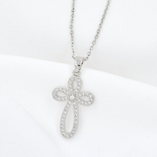 Silver Plated Cubic Zirconia Stylised Cross Necklace