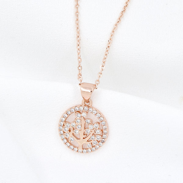 Rose Gold Plated Decorative Round Halo Tree of Life Cubic Zirconia Necklace