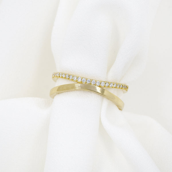 Gold Plated Cubic Zirconia & Plain Open Band Adjustable Ring