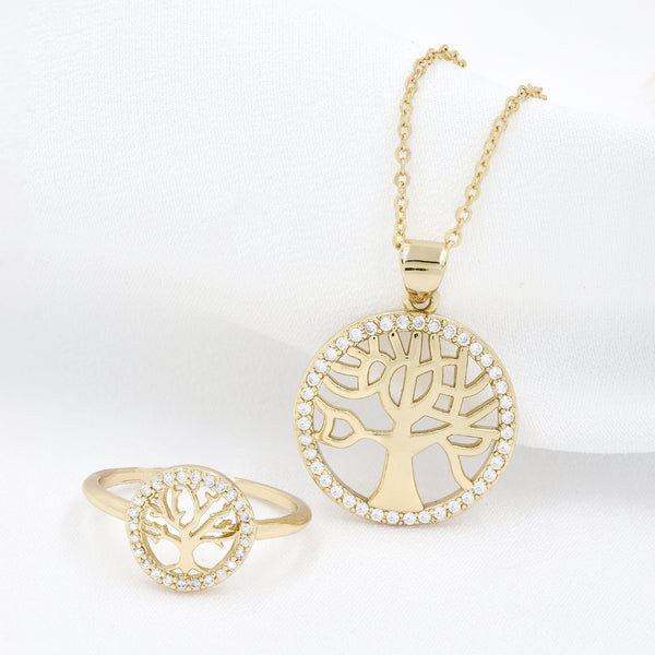 Gold Plated Cubic Zirconia Tree of Life Necklace & Ring Set