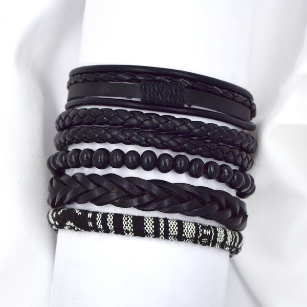 5 Pack Black PU Leather, Weaved, Pattern Material & Bead Bracelet Pack